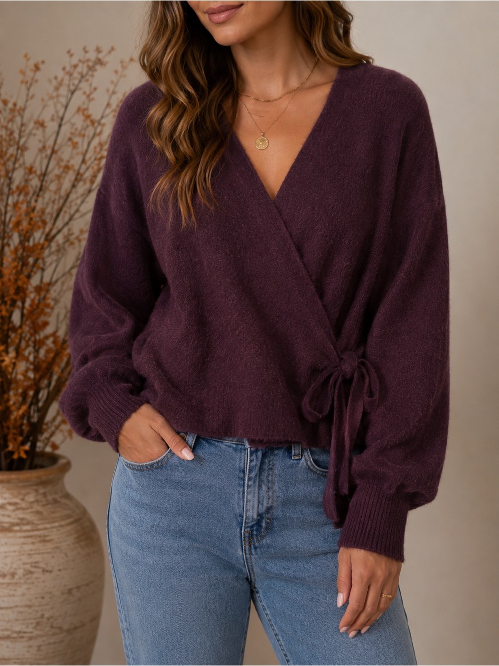 Aritzia Wilfred Plum Wrap Cardigan Sweater Tie Front Balloon Sleeve L